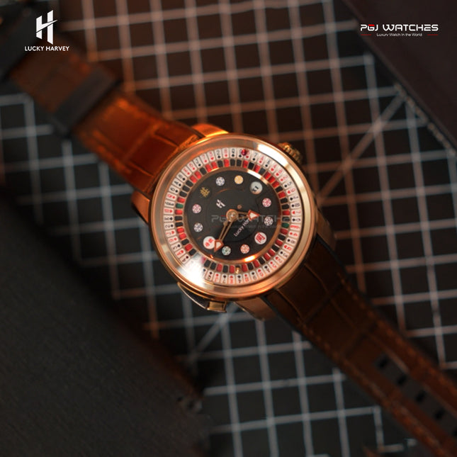LUCKY HARVEY Asian Roulette Automatic Men’s Watch Skeleton Casino Motif