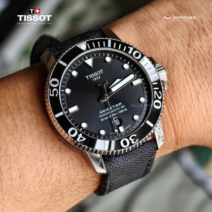TISSOT Seastar 1000 Powermatic 80 43mm Black Dial Black Fabric Strap - T120.407.17.051.00