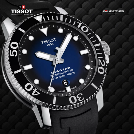 TISSOT Seastar 1000 Powermatic 80 43mm Blue Dial Black Rubber Strap - T120.407.17.041.00
