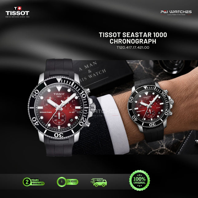 TISSOT Seastar 1000 Chronograph Red Dial Black Rubber Strap 45.5mm Quartz - T120.417.17.421.00