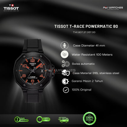 TISSOT T-Race Powermatic 80 Black Red Dial Black Rubber Strap Automatic - T141.807.37.057.00