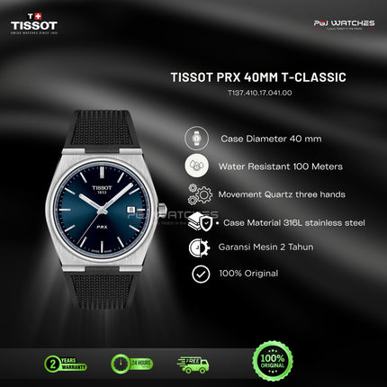 TISSOT PRX T-Classic Blue Dial Black Rubber Strap 40mm Quartz - T137.410.17.041.00
