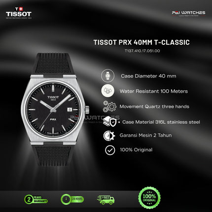 TISSOT PRX T-Classic Black Dial Black Rubber Strap 40mm Quartz - T137.410.17.051.00
