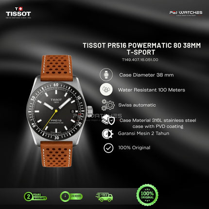 TISSOT PR516 Powermatic 80 Black Dial Brown Leather Strap 38mm Automatic - T149.407.16.051.00