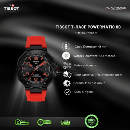 TISSOT T-Race Powermatic 80 Black Red Dial Red Rubber Strap Automatic - T141.807.37.057.01
