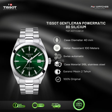 TISSOT Gentleman Powermatic 80 Silicium Green Dial Stainless Steel Automatic - T127.407.11.091.01