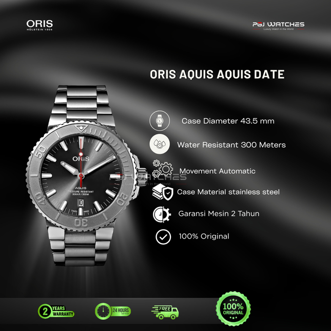 ORIS Aquis Date Relief Grey Dial Stainless Steel 43.5mm Automatic - 01.733.7730.4153.07.8.24.05PEB