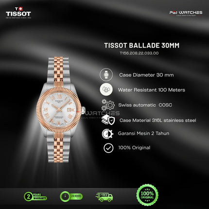 TISSOT Ballade 30mm Silver Dial Rose Gold Two Tone Stainless Steel Automatic - T156.208.22.033.00