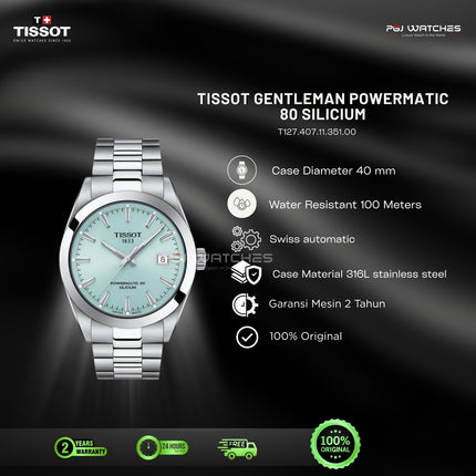 TISSOT Gentleman Powermatic 80 Silicium Ice Blue Dial Stainless Steel Automatic - T127.407.11.351.00