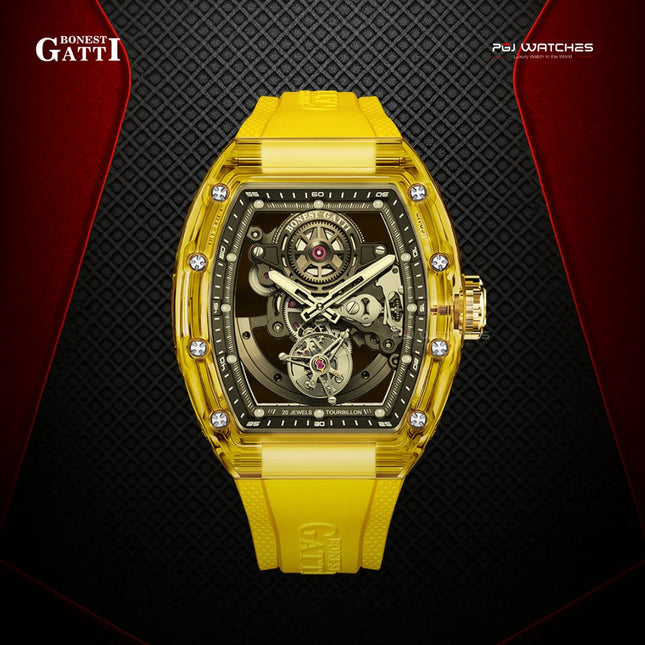 BONEST GATTI Tourbillon K9 Crystal Transparent Case Tonneau Skeleton Movement Watch Fluororubber Strap - BG7001-R