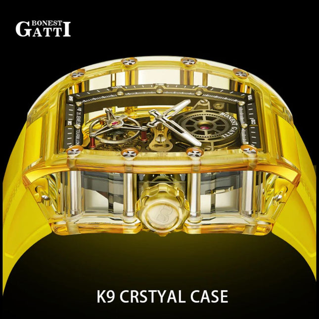 BONEST GATTI Tourbillon K9 Crystal Transparent Case Tonneau Skeleton Movement Watch Fluororubber Strap - BG7001-R