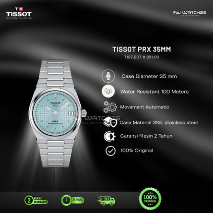 TISSOT PRX Powermatic 80 Ice Blue Dial Stainless Steel 35mm Automatic - T137.207.11.351.00