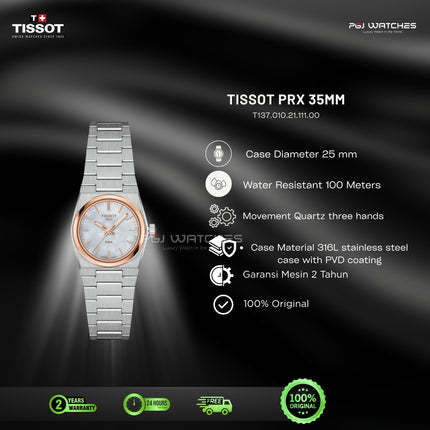 TISSOT PRX 25mm Mother of Pearl Dial Two Tone Rose Gold Stainless Steel Quartz - T137.010.21.111.00