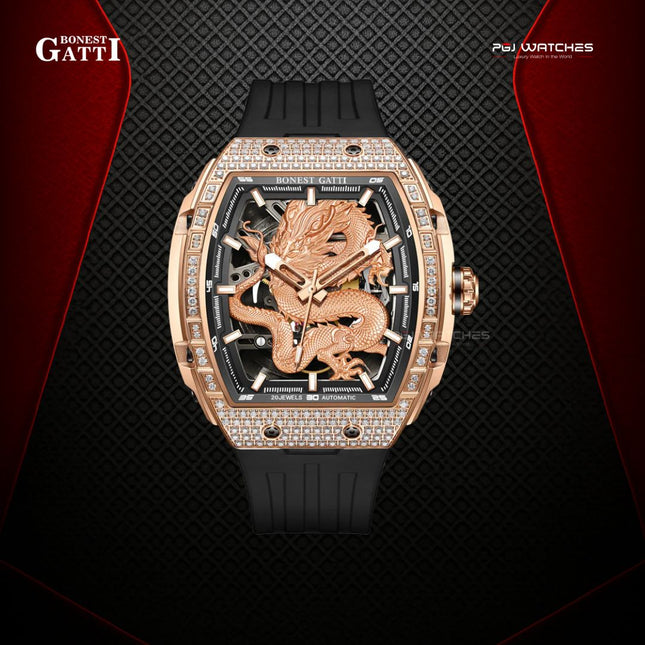 BONEST GATTI Barrel Dragon 184 zircon Bezel Automatic Mechanical Watch Luminous - BG5605