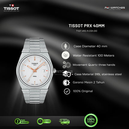 TISSOT PRX Silver Dial Rose Gold Tone Stainless Steel 40mm Quartz - T137.410.11.031.00