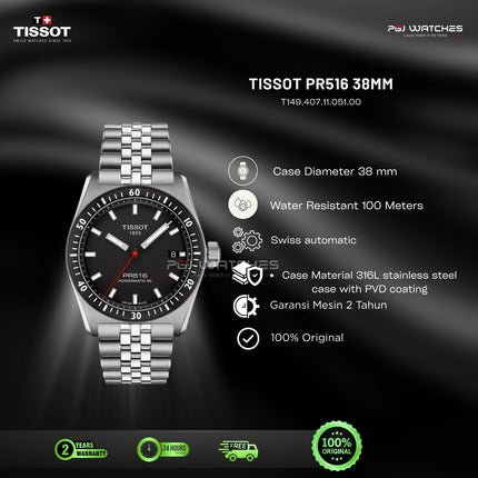 TISSOT PR516 Powermatic 80 Black Dial Stainless Steel 38mm Automatic - T149.407.11.051.00