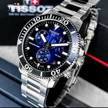 TISSOT Seastar 1000 Chronograph 45.5mm T‑Sport Blue Dial Stainless Steel Bracelet - T120.417.11.041.01