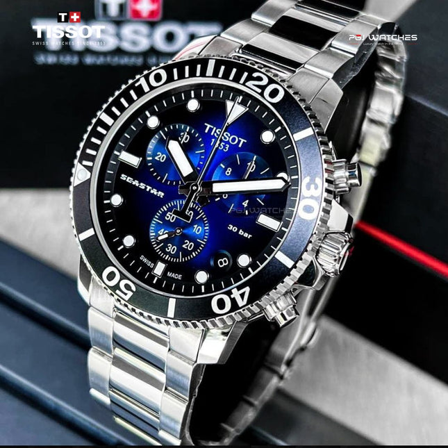 TISSOT Seastar 1000 Chronograph 45.5mm T‑Sport Blue Dial Stainless Steel Bracelet - T120.417.11.041.01