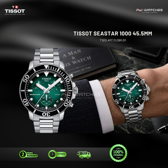 TISSOT Seastar 1000 Chronograph Green Dial Stainless Steel 45.5mm Quartz -T120.417.11.091.01