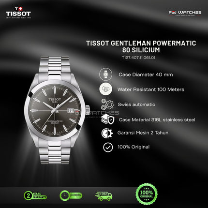 TISSOT Gentleman Powermatic 80 Silicium Grey Dial Stainless Steel Automatic - T127.407.11.061.01