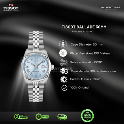 TISSOT Ballade 30mm Powermatic 48 Ice Blue Dial Stainless Steel Automatic - T156.208.11.353.00