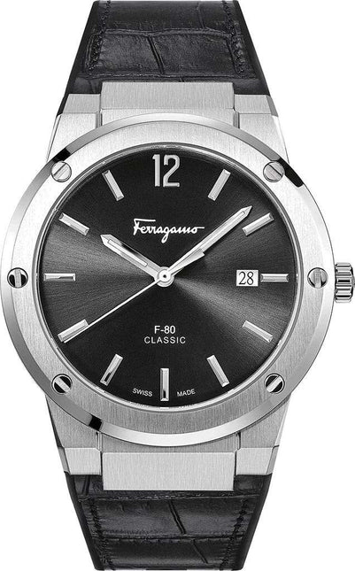 SALVATORE FERRAGAMO F-80 Quartz Classic Black Dial Croco Leather Strap Watch -  SFDT00219
