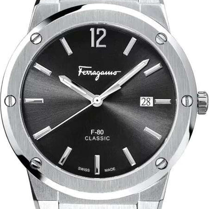 SALVATORE FERRAGAMO F-80 Quartz Classic Black Dial Black Snake Leather Strap Watch - SFDT00619