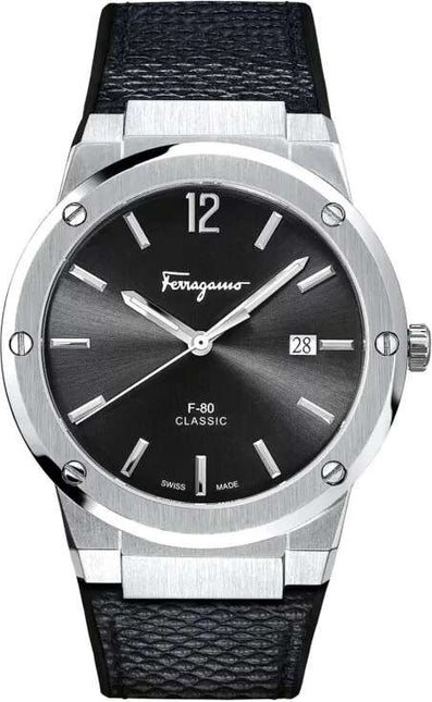 SALVATORE FERRAGAMO F-80 Quartz Classic Black Dial Black Snake Leather Strap Watch - SFDT00619