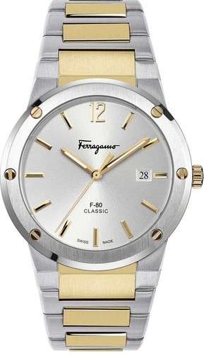 SALVATORE FERRAGAMO F-80 Quartz Classic Silver Dial Gold Steel Two Tone Strap Watch - SFDT01420