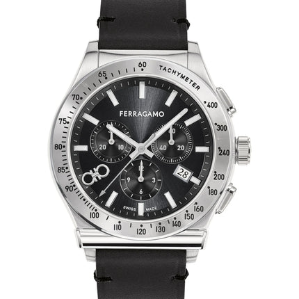SALVATORE FERRAGAMO Chrono Black Dial Black Sapphire Leather Strap Watch - SFKZ00123
