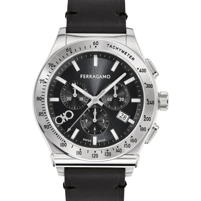 SALVATORE FERRAGAMO Chrono Black Dial Black Sapphire Leather Strap Watch - SFKZ00123