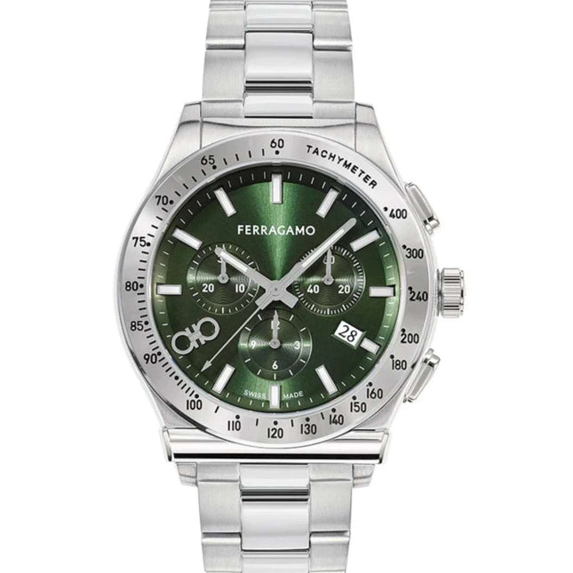 SALVATORE FERRAGAMO Chrono Green Dial Silver Steel Strap Watch –  SFKZ00423