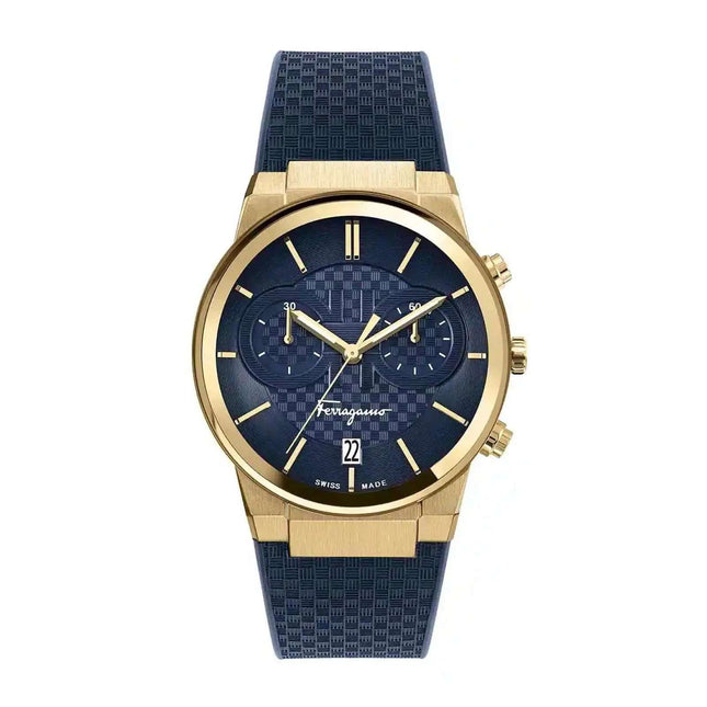 SALVATORE FERRAGAMO Chrono Blue Dial Gold Blue Sapphire Rubber Strap Watch - SFME00221