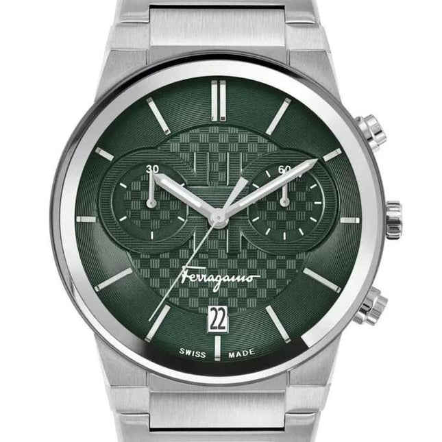 SALVATORE FERRAGAMO Chrono Green Dial Silver Steel Strap Watch - SFME00421