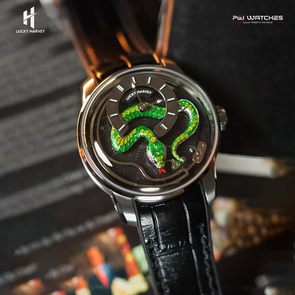 LUCKY HARVEY Gold Enamel Snake Automata Chiming Mechanical