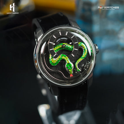 LUCKY HARVEY Gold Enamel Snake Automata Chiming Mechanical