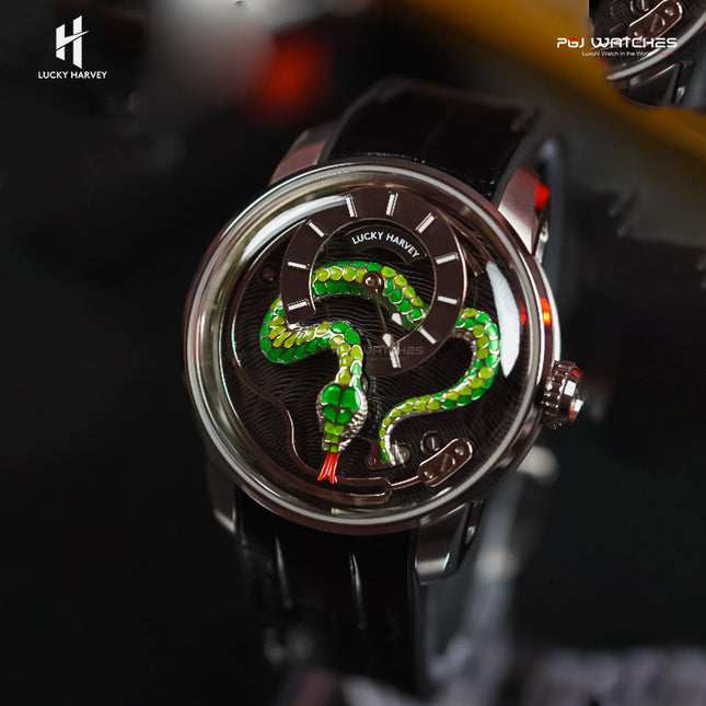 LUCKY HARVEY Gold Enamel Snake Automata Chiming Mechanical