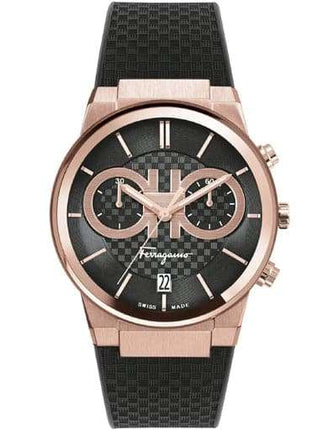 SALVATORE FERRAGAMO Chrono Black Dial Rose Gold Sapphire Rubber Strap Watch - SFME00721