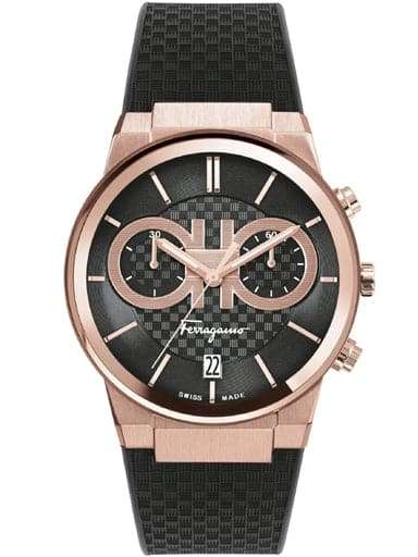 SALVATORE FERRAGAMO Chrono Black Dial Rose Gold Sapphire Rubber Strap Watch - SFME00721