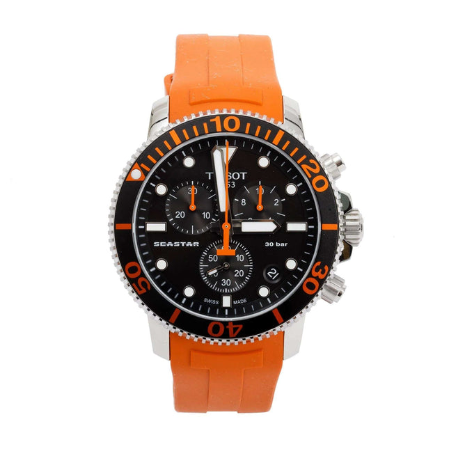 TISSOT Seastar 1000 Black Dial Orange Rubber Quartz Chronograph 45.5 mm – T120.417.17.051.01
