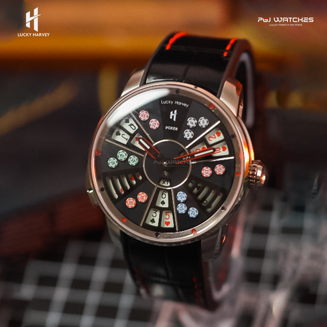 LUCKY HARVEY New Three Card Poker Men’s Watch Automatic Skeleton Poker-Motif