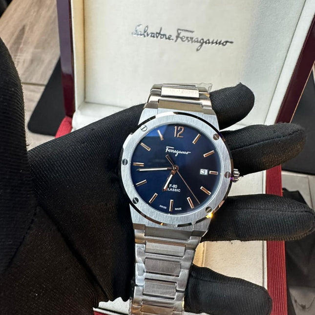 SALVATORE FERRAGAMO F-80 Quartz Classic Blue Dial Silver Steel Strap Watch - SFDT02423