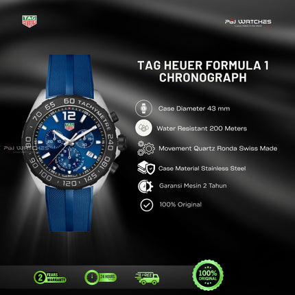 TAG HEUER Formula 1 Chronograph 43mm Blue Dial Rubber Strap - CAZ101AV.FT8077