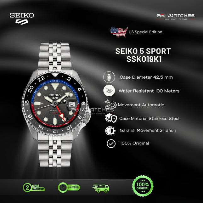 SEIKO 5 Sports GMT USA Special Edition Dial Stainless Steel Strap - SSK019K1