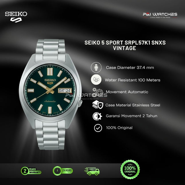 SEIKO 5 Sports SNXS Dark Green Dial Steel Strap Vintage Series Automatic 37.4 mm - SRPL57K1