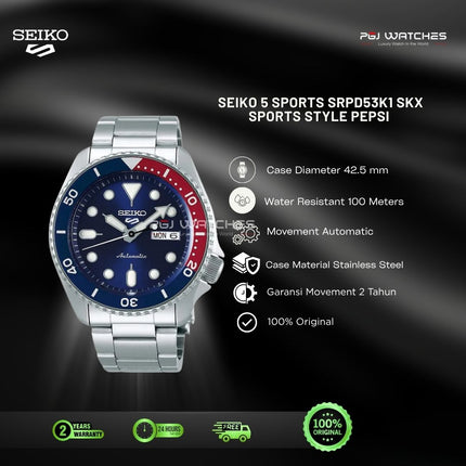 SEIKO 5 Pepsi SKX Sports Automatic Blue Dial Stainless Steel - SRPD53K1