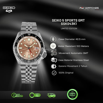 SEIKO 5 Sports GMT Salmon Dial Stainless Steel Strap - SSK043K1