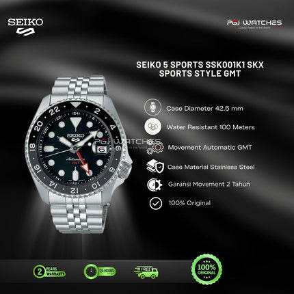 SEIKO 5 GMT SKX Sports Style Black Dial Stainless Steel - SSK001K1