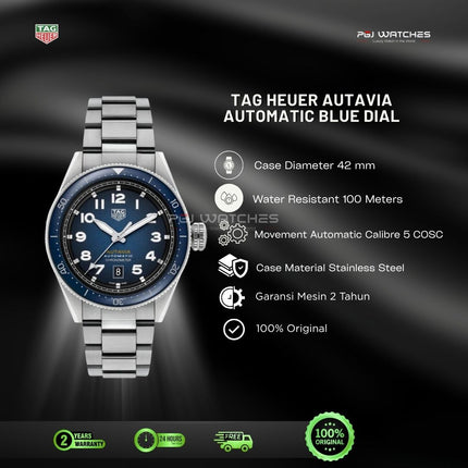 TAG HEUER Autavia Calibre 5 42mm Blue Dial Steel Strap - WBE5116.EB0173