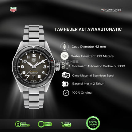 TAG HEUER Autavia Calibre 5 42mm Black Dial Steel Strap - WBE5114.EB0173